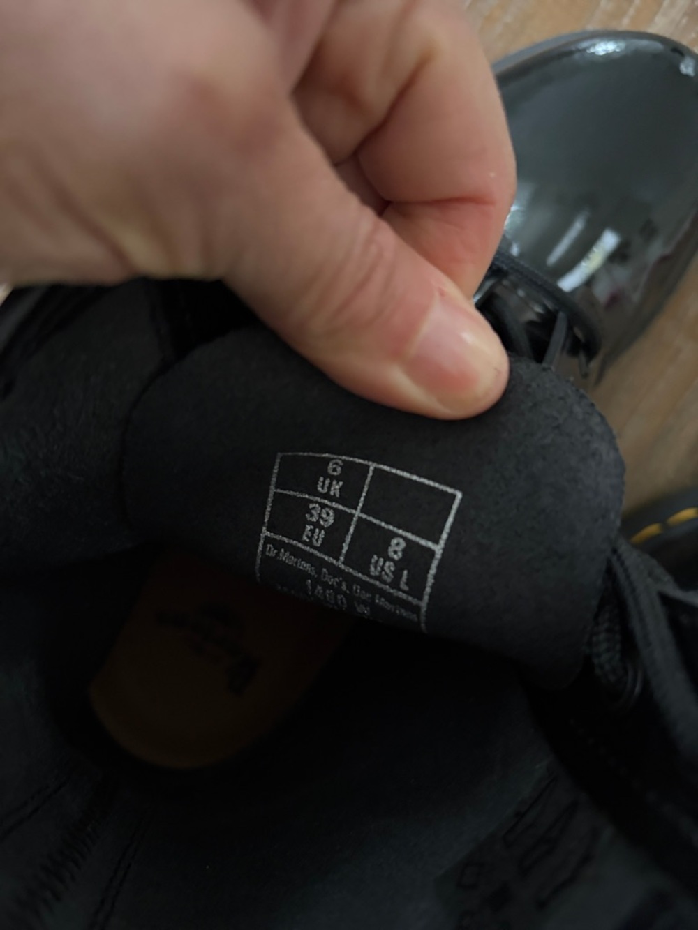 Dr. Martens Black Patent Lace-Up Boots with Yellow Stitching - Picture 5 of 5